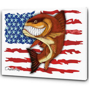 Redfish fishing art with American flag ChipteeAmz's fish art canvas AT006