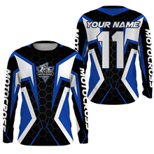 Load image into Gallery viewer, Blue white customizable Motocross jersey MX off-road UPF30+ shirt biker racing motorcycle PDT41