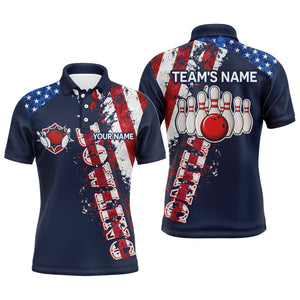 Patriotic Men's Polo Bowling Shirt, Custom Name Men Bowlers Jersey Short Sleeve American Flag NBP95