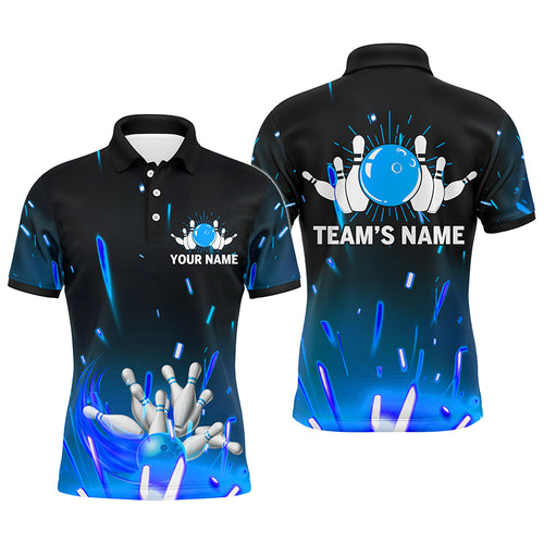 Custom Flame Bowling Shirt for Men, Polo Short Sleeve Blue Bowling Shirt for Team Bowlers Jersey NBP46