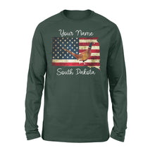 Load image into Gallery viewer, Pheasant hunting shirt South Dakota American Flag bird hunter custom name Long sleeve - FSD1162