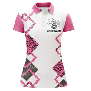 Personalized Women Polo Bowling Shirt Pink Leopard Girl Short Sleeve Team Female Bowlers Jersey NBP07