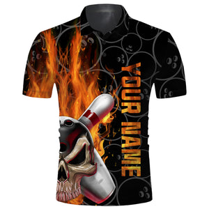 Skull Flame Men Polo Bowling Shirt, Personalized Cool Men Bowlers Jersey Short Sleeves NBP58