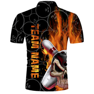 Skull Flame Men Polo Bowling Shirt, Personalized Cool Men Bowlers Jersey Short Sleeves NBP58