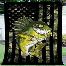 Load image into Gallery viewer, Largemouth Bass fishing American flag camo black funny bass fish ChipteeAmz&#39;s art custom fleece blanket AT049