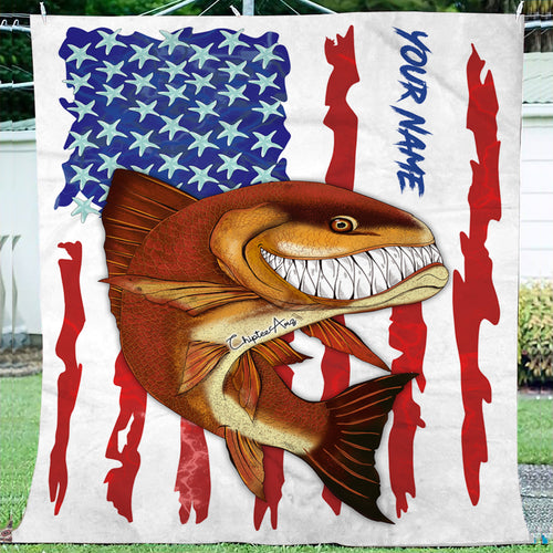 Redfish fishing American flag funny Red drum ChipteeAmz's art custom name fishing fleece blanket AT053