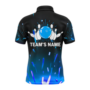 Custom Flame Bowling Shirt for Men, Polo Short Sleeve Blue Bowling Shirt for Team Bowlers Jersey NBP46