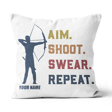 Load image into Gallery viewer, Funny Vintage Archery Aim Shoot Swear Repeat Custom Name White Pillow TDM0755