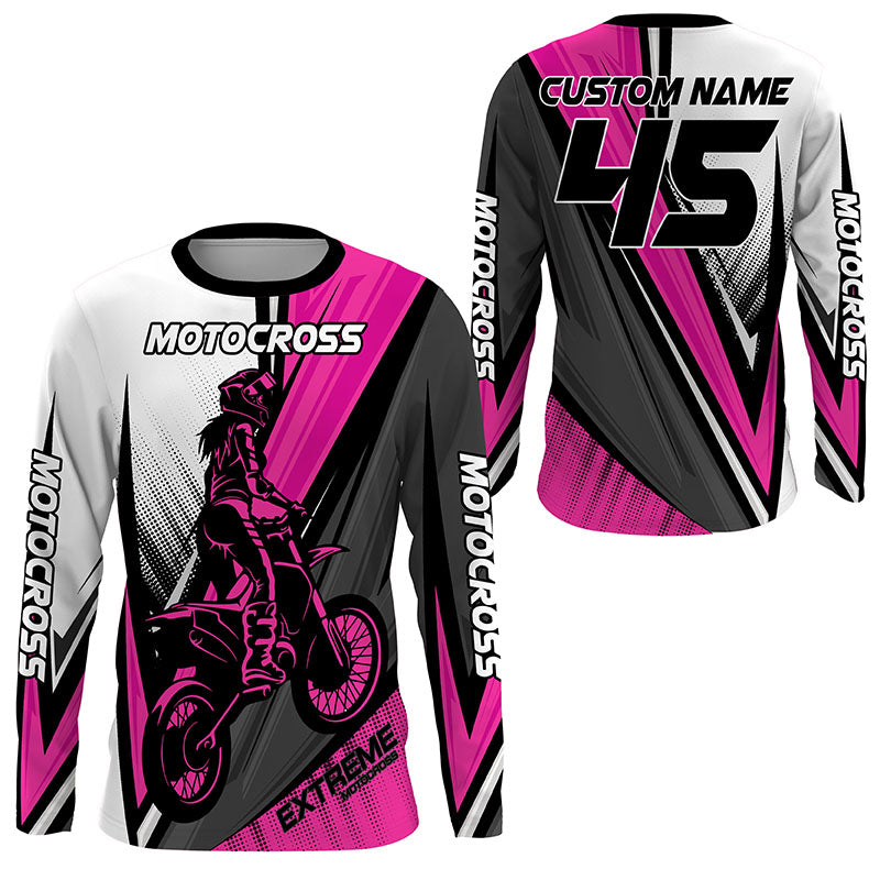 Girls Women Extreme Motocross Jersey Personalized UPF30+ Pink MX Racing Dirt Bike Shirt NMS1219