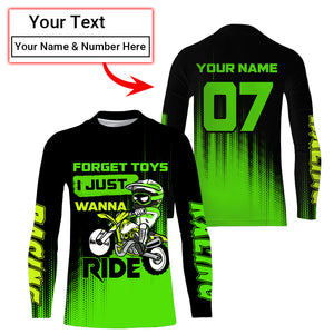 Youth Motocross Jersey UPF30+ Custom Green Dirt Bike Shirt For Boy Girl Forget Toys Just Wanna Ride PDT529