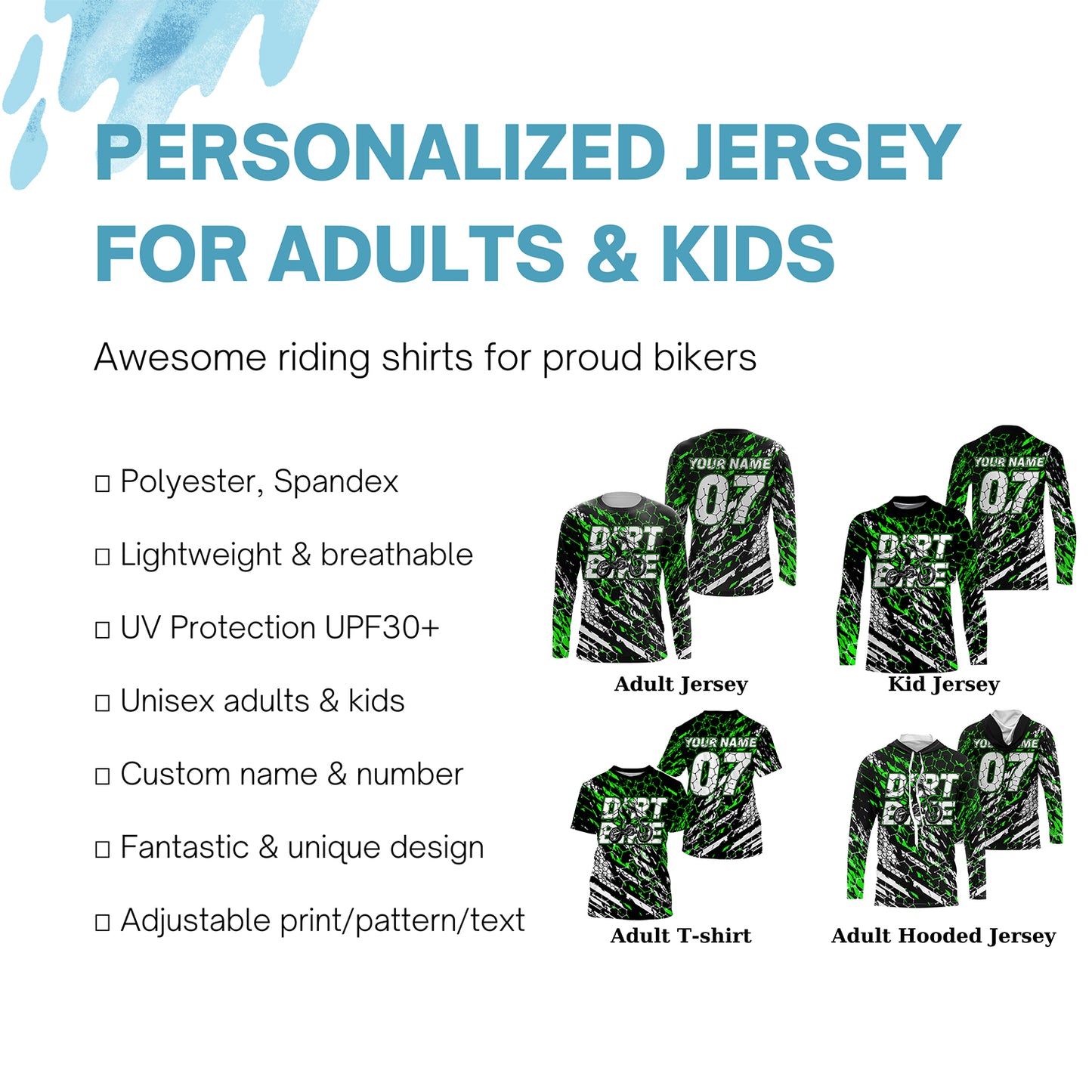 Custom dirt bike jersey UPF30+ kid mens womens green motocross racing off-road motorcycle racewear NMS946