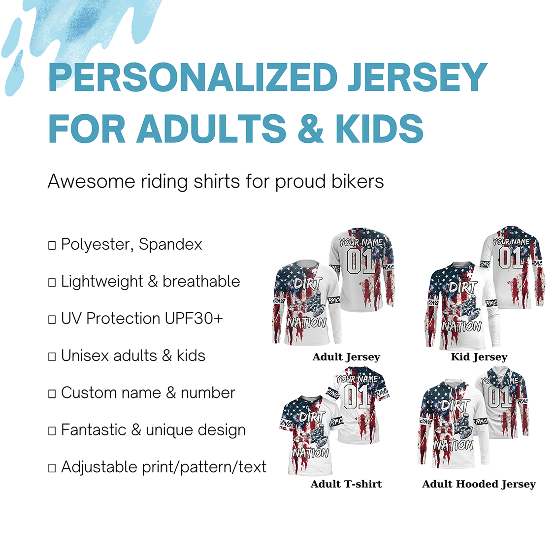 Patriotic motocross jersey Dirt Nation UPF30+ custom American flag adult&kid MX racing motorcycle NMS960