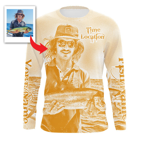Fishing Shirt Custom Name, Image, Time, Location 3D UV protection Shirts UPF 30+ Fishing gift| Orange - TMTS050