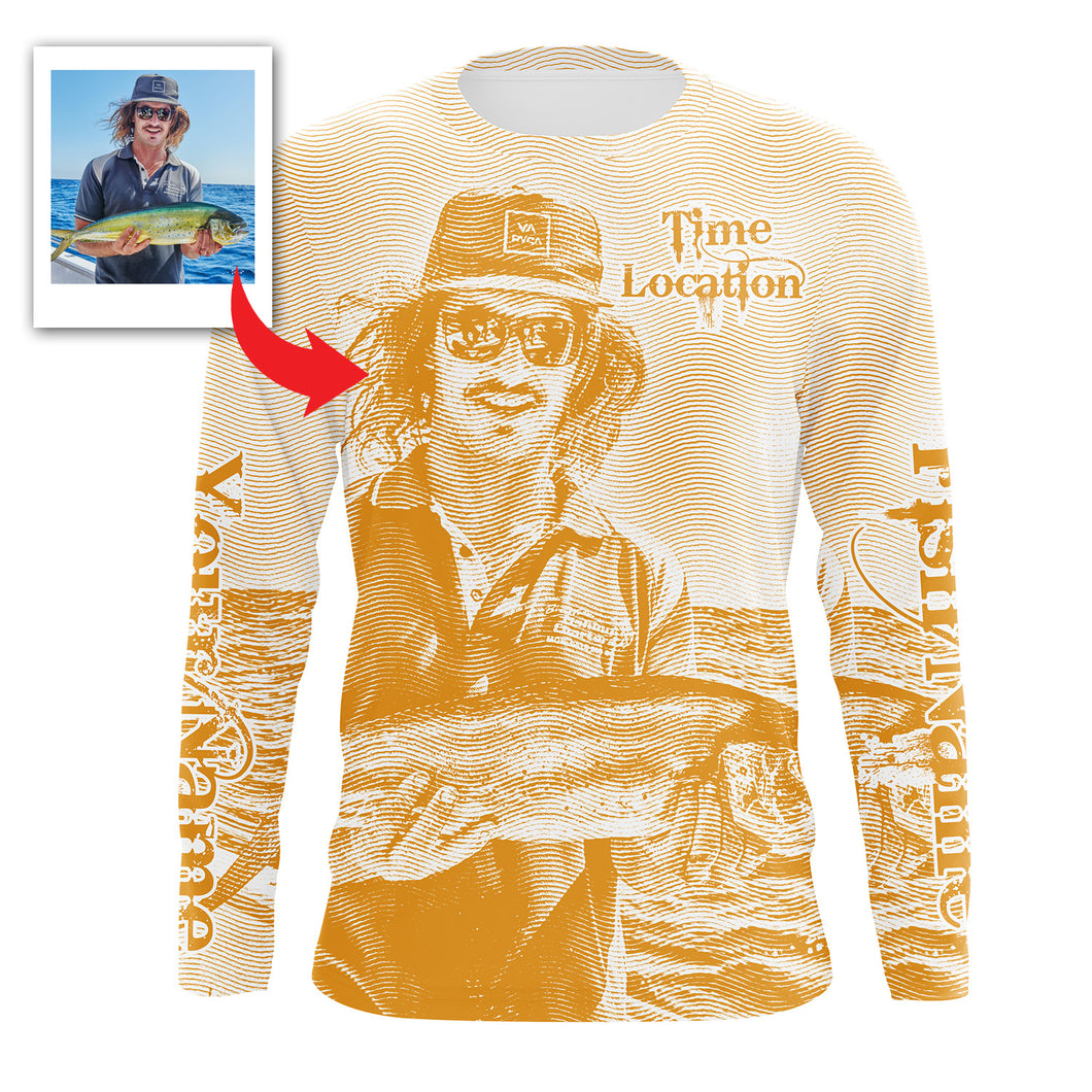 Fishing Shirt Custom Name, Image, Time, Location 3D UV protection Shirts UPF 30+ Fishing gift| Orange - TMTS050