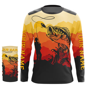 Bass Fishing Sunset Background Custom Name Long Sleeve Fishing Shirts, Bass Fishing jerseys - TMTS044