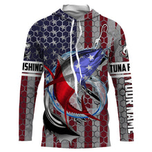 Load image into Gallery viewer, Personalized Tuna Fishing Fish Hook Vintage American Flag Saltwater Fishing UV Protection Fishing Shirts HVFS057