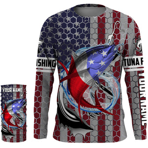 Personalized Tuna Fishing Fish Hook Vintage American Flag Saltwater Fishing UV Protection Fishing Shirts HVFS057