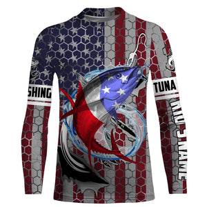 Personalized Tuna Fishing Fish Hook Vintage American Flag Saltwater Fishing UV Protection Fishing Shirts HVFS057
