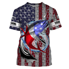 Load image into Gallery viewer, Personalized Tuna Fishing Fish Hook Vintage American Flag Saltwater Fishing UV Protection Fishing Shirts HVFS057