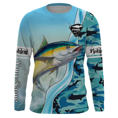 Tuna Fishing Shirts Blue Ocean Camouflage Performance Fishing Shirt, Sun Protection Long Sleeve, Perfect Gift for Fisherman TTN39
