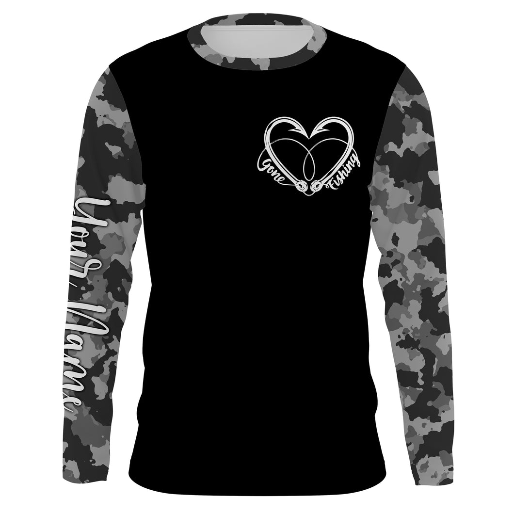 Gone Fishing Heart Fish Hook Gray Camo Performance Fishing Shirts UV Protection TTN34