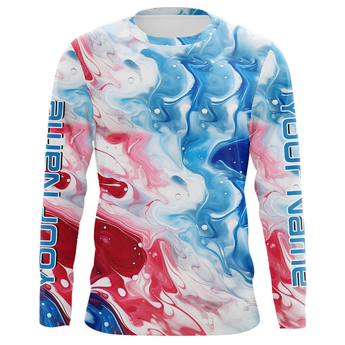 Red, White, Blue Tie Dye Camo Custom Long Sleeve Fishing Shirts, Patriotic Fishing Jerseys IPHW5204