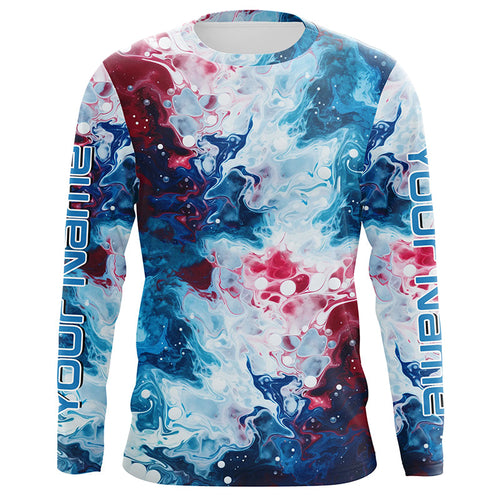 Red, White, Blue Tie Dye Camo Custom Long Sleeve Fishing Shirts, Patriotic Fishing Jerseys IPHW5206