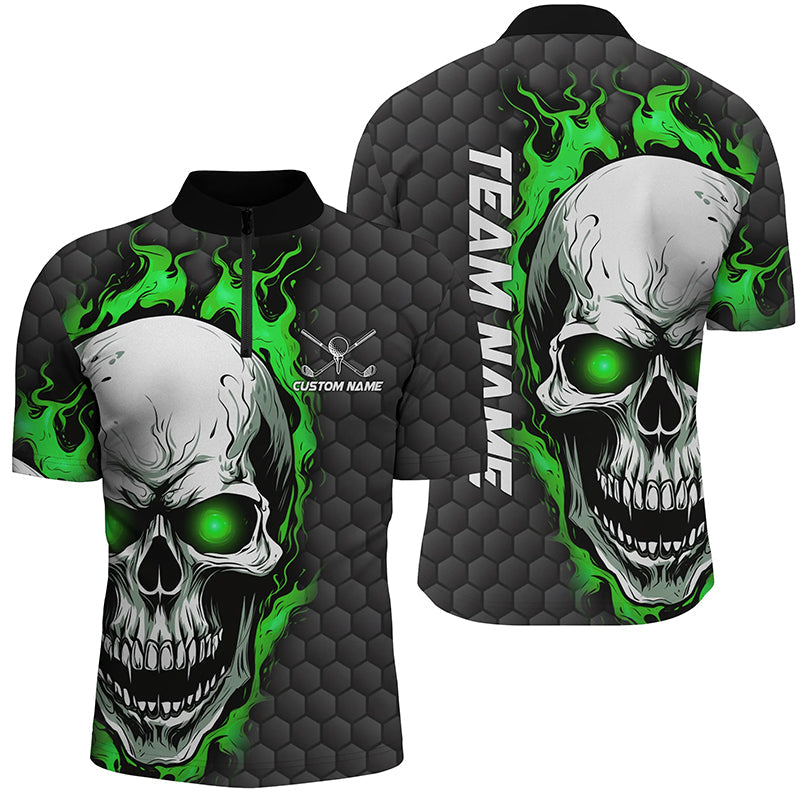 Green Skull Custom Men Quarter Zip Golf Shirts For Tournaments Golf Pattern Golf Apparel Outfits IPHW5408