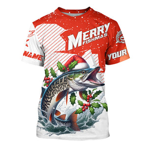 Merry Fishmas Custom Musky Long Sleeve Christmas Fishing Shirts, Personalized Xmas Fishing Gifts IPHW5581