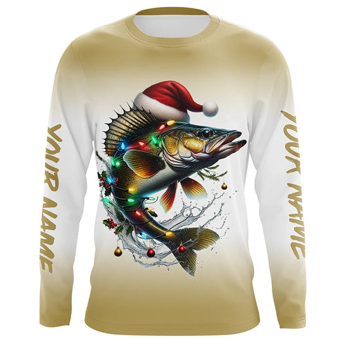 Christmas Lights String Walleye Christmas Fishing Shirts With Customized Name, Xmas Fishing Gifts IPHW5585