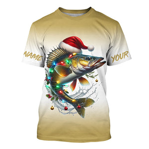 Christmas Lights String Walleye Christmas Fishing Shirts With Customized Name, Xmas Fishing Gifts IPHW5585