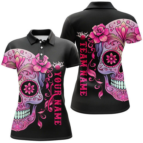 Pink Sugar Skull Tattoo Custom Women'S Bowling Polo Shirts, Halloween Team Bowling Jerseys IPHW5243