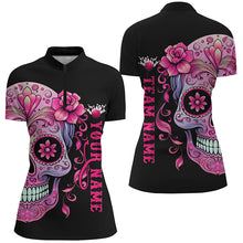 Load image into Gallery viewer, Pink Sugar Skull Tattoo Custom Women'S Bowling Quarter Zip Shirts, Halloween Bowling Shirts IPHW5243