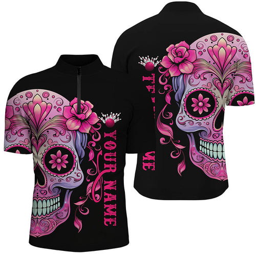 Pink Sugar Skull Tattoo Custom Unisex Bowling Quarter Zip Shirts, Halloween Team Bowling Jerseys IPHW5243