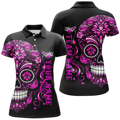 Pink Sugar Skull Tattoo Custom Women'S Bowling Polo Shirts, Halloween Team Bowling Jerseys IPHW5244