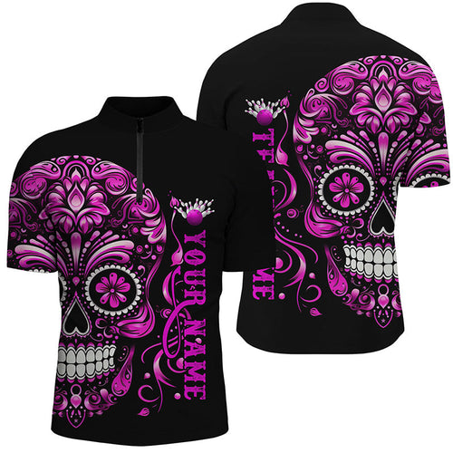 Pink Sugar Skull Tattoo Custom Unisex Bowling Quarter Zip Shirts, Halloween Team Bowling Jerseys IPHW5244