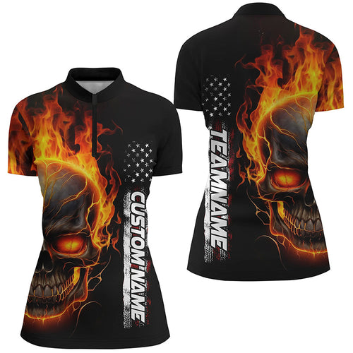 Flame Skull Custom Bowling Quarter Zip Shirts For Women,  American Bowling Team Jerseys IPHW5275