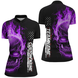 Purple Flame Skull Custom Bowling 1/4 Zip Shirts For Women,  American Bowling Team Jerseys IPHW5276