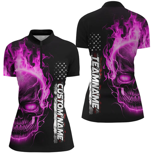 Pink Flame Skull Custom Bowling Quarter Zip Shirts Womens,  American Bowling Team Jerseys IPHW5279