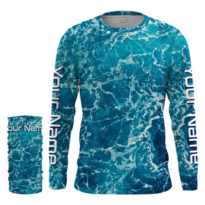 Custom Saltwater Long Sleeve performance Fishing Shirts for anglers | teal blue  Sea wave camo Fishing jerseys - IPHW1328