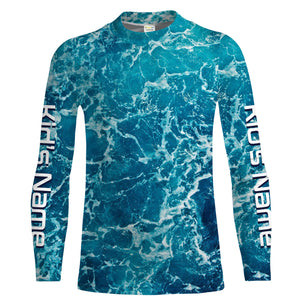 Custom Saltwater Long Sleeve performance Fishing Shirts for anglers | teal blue  Sea wave camo Fishing jerseys - IPHW1328