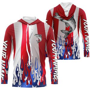 Custom 3D Flame American Flag Walleye Long Sleeve Fishing Shirts, Patriotic Walleye Fishing Jerseys IPHW6145