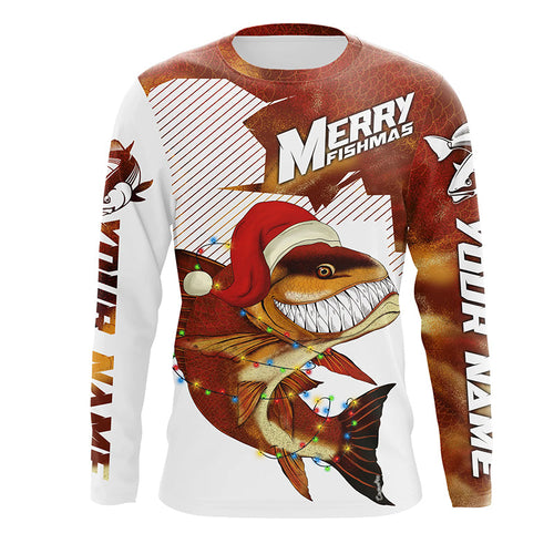 Merry Fishmas Redfish Custom Christmas Fishing Shirts, Best Christmas Fishing Gifts For Fisherman IPHW3729