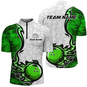 Custom Green Flame Bowling Shirts For Men Bowling Ball Pattern Bowling Team Jerseys For Bowlers IPHW5510