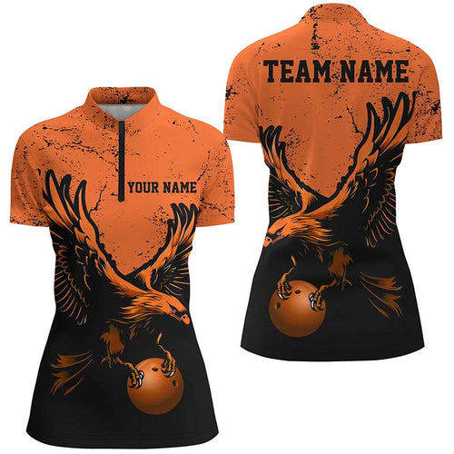 Custom Orange Eagle Women Bowling Quarter Zip Shirts Grunge Vintage Bowling Team Jerseys IPHW5343