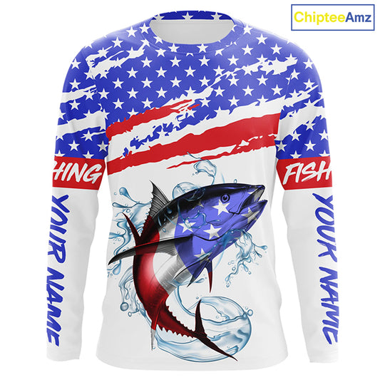 Personalized Tuna American Flag Uv Protection Fishing Shirts, Tuna Saltwater Fishing Shirt IPHW3755