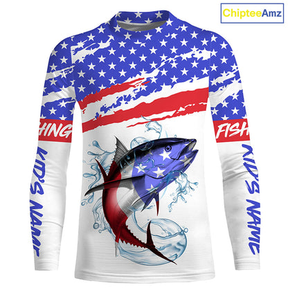 Personalized Tuna American Flag Uv Protection Fishing Shirts, Tuna Saltwater Fishing Shirt IPHW3755