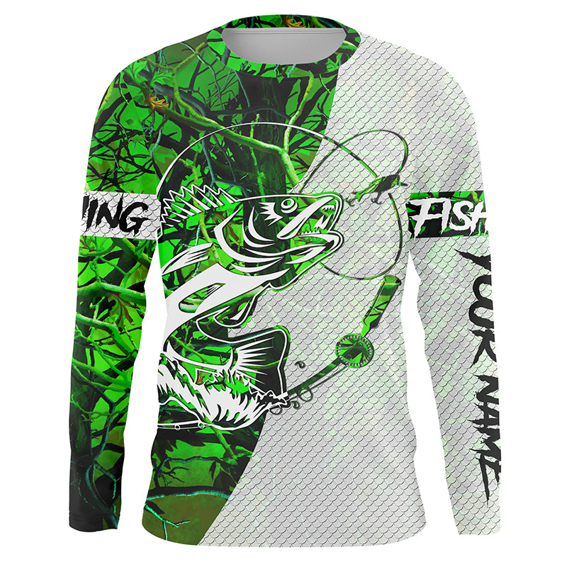 Walleye Fishing Blue Camo Custom Long Sleeve Performance Fishing Shirts, Walleye Tournament Shirt IPH1387