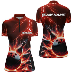 Custom Women Bowling Quarter Zip Shirts Red Thunder Lightning Strike Bowling Team Shirts IPHW5404