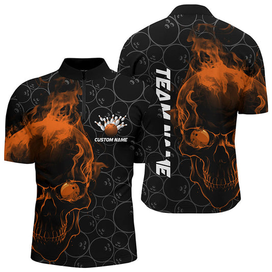Personalized Orange Skull Men Bowling Quarter Zip Shirts Team Bowling Jerseys Bowlers Outfit IPHW5415